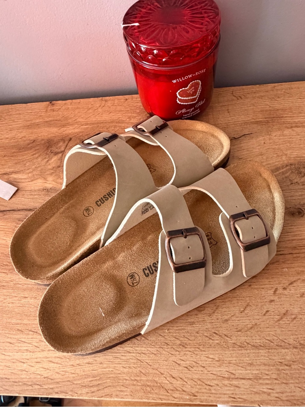 Women’s Double-Buckle Slide Sandals in Light Beige